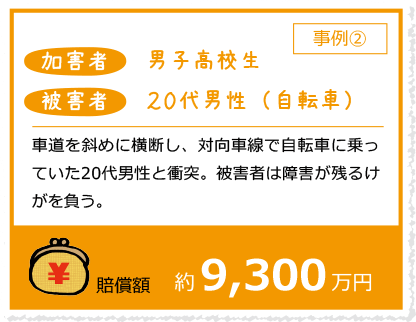 【事例2】車道を斜めに横断し、対向車線で自転車に乗っていた20代男性と衝突。被害者は傷害が残るけがを負う。[賠償額 約9300万円]